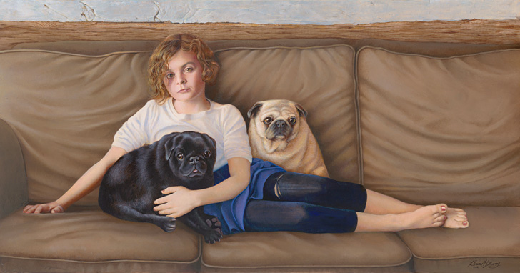 Painting - Girl with Two Pugs